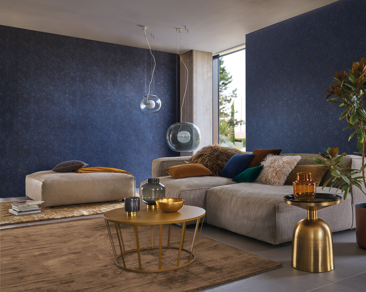 Papier peint Baroque damassé Rabat bleu - Mansour de Casamance | Réf. CAS-74410630