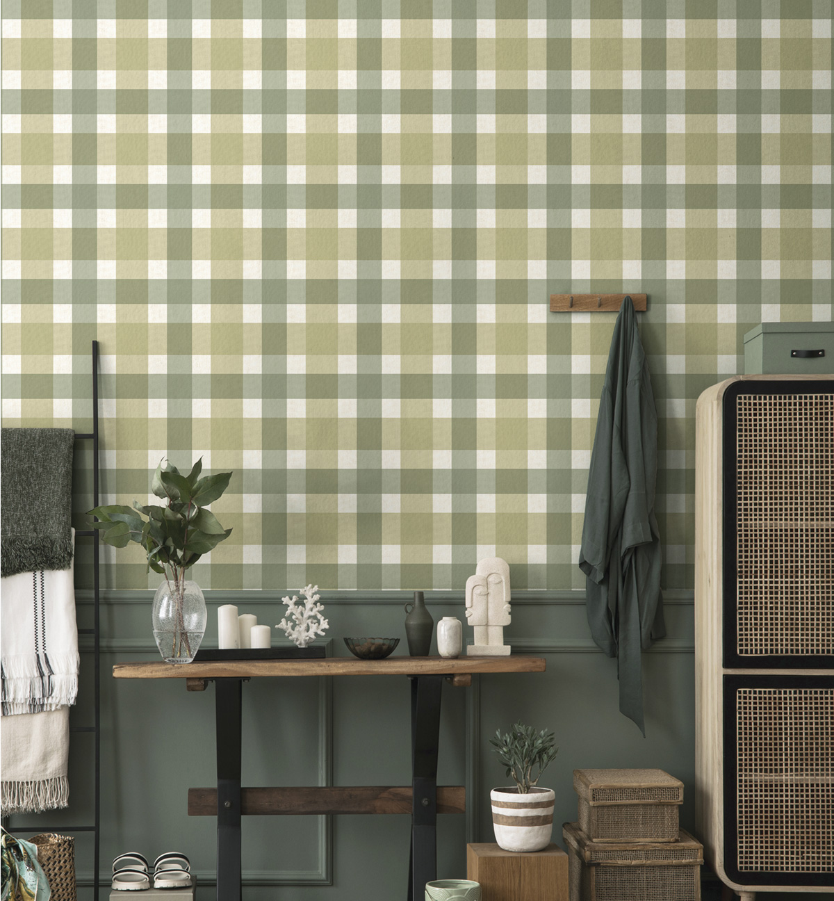 Papier peint Vichy Grand Carreau vert olive - Stripes & Checks de Montecolino | Réf. MC-ST38425