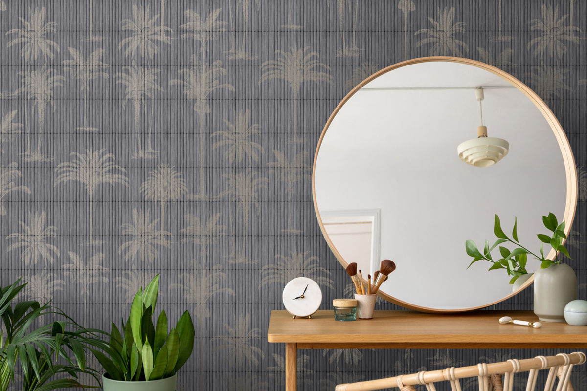 Papier Peint Palmier Natte Bambou gris foncé doré - Nomade d'Ugépa | Réf. UGP-M68709