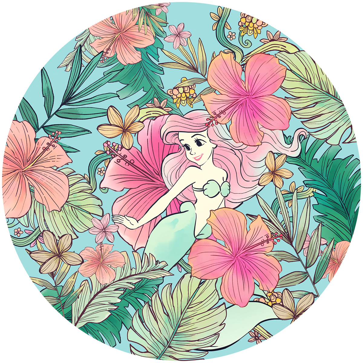 Papier peint adhésif rond Ariel Ocean Flowers - Papier peint Disney Komar Dots