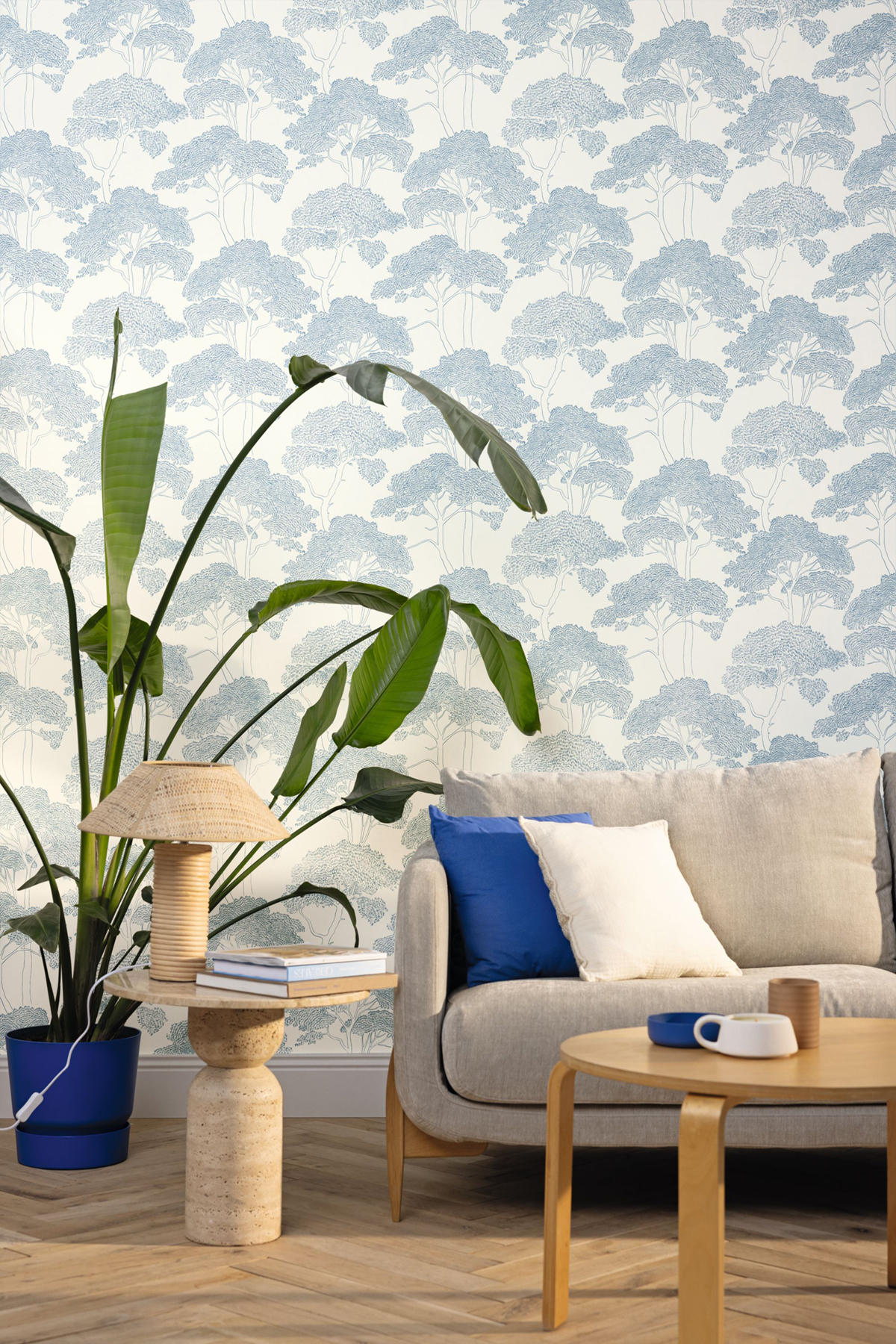 Papier peint Arbre La Ciotat blanc bleu azur - Azur de Casélio | Réf. AZU105430636