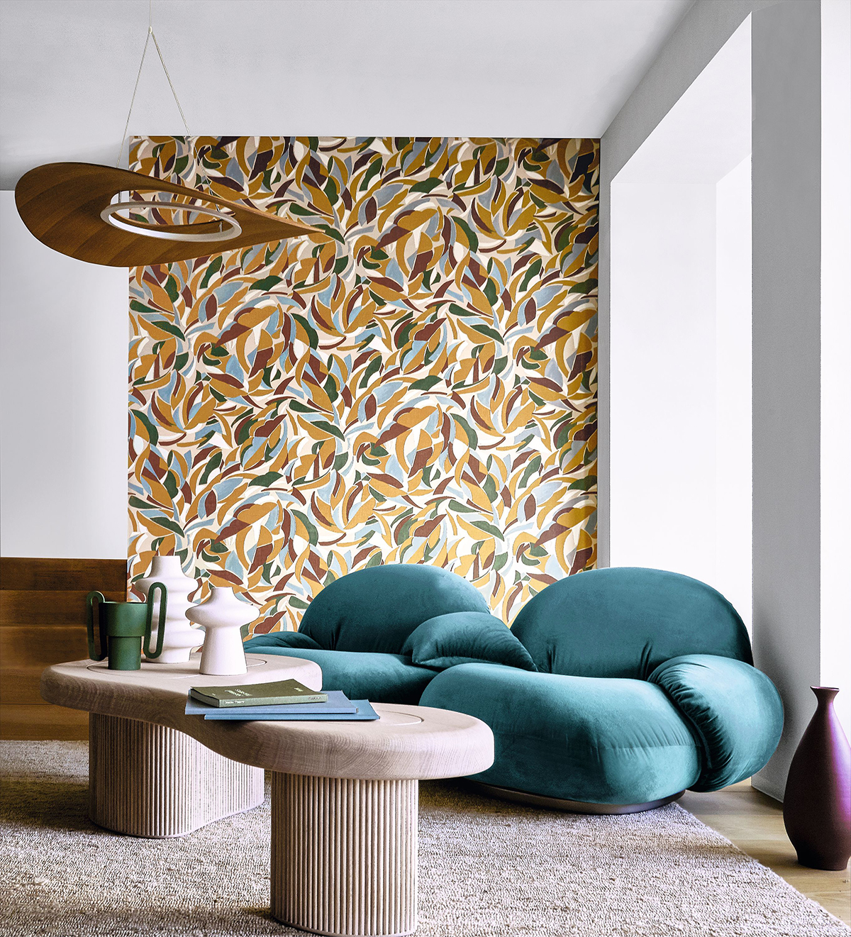 Papier peint Collage Floral bleu et moutarde - L'Atelier de Casamance | Réf. CAS-75553874