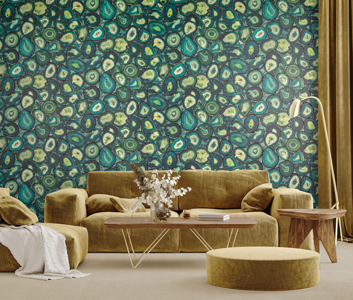 Papier peint Pierre Précieuse Billes de Verre bleu paon vert - Ornata de Montecolino | Réf. MC-51218