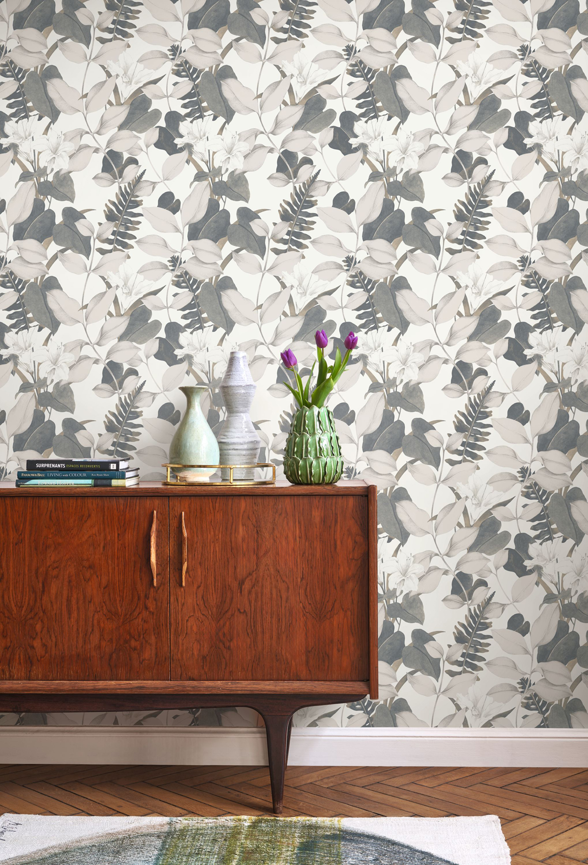 Papier peint Lys Feuille Royal Lily bleu cendré argenté - Soliflore de Casadéco | Réf. SOLI200266666