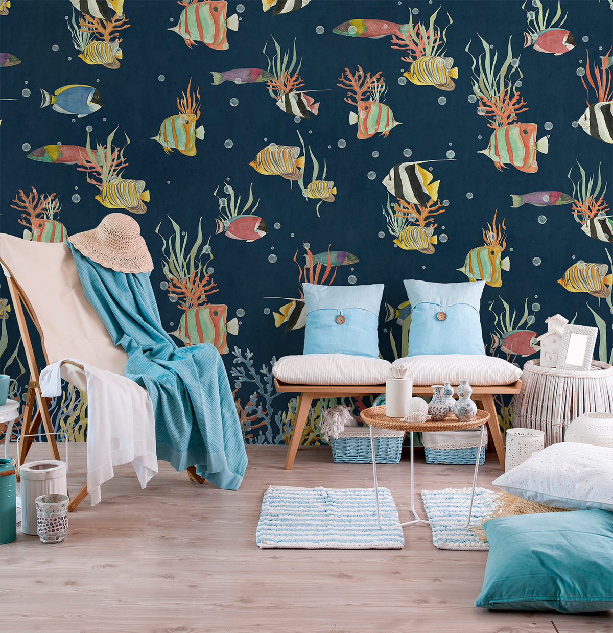 Papier peint panoramique Poisson Océan bleu marine - Panorama 2 de Lutèce | Réf. LTC-PAN1652C