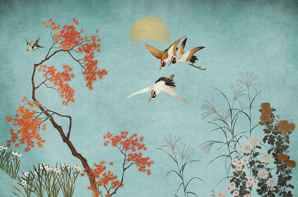 Papier peint panoramique Oiseau Crisantemos bleu - Panorama 2 de Lutèce | Réf. LTC-PAN1592C