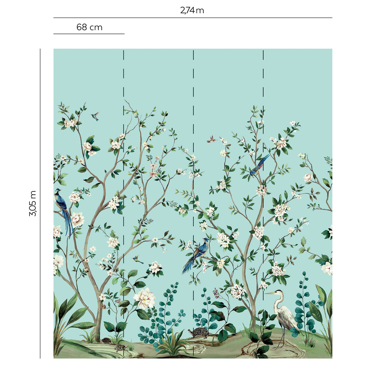 Papier peint panoramique Héron Botanique bleu ciel - Daisy Bennett d'Initiales | Réf. INI-DB30102M