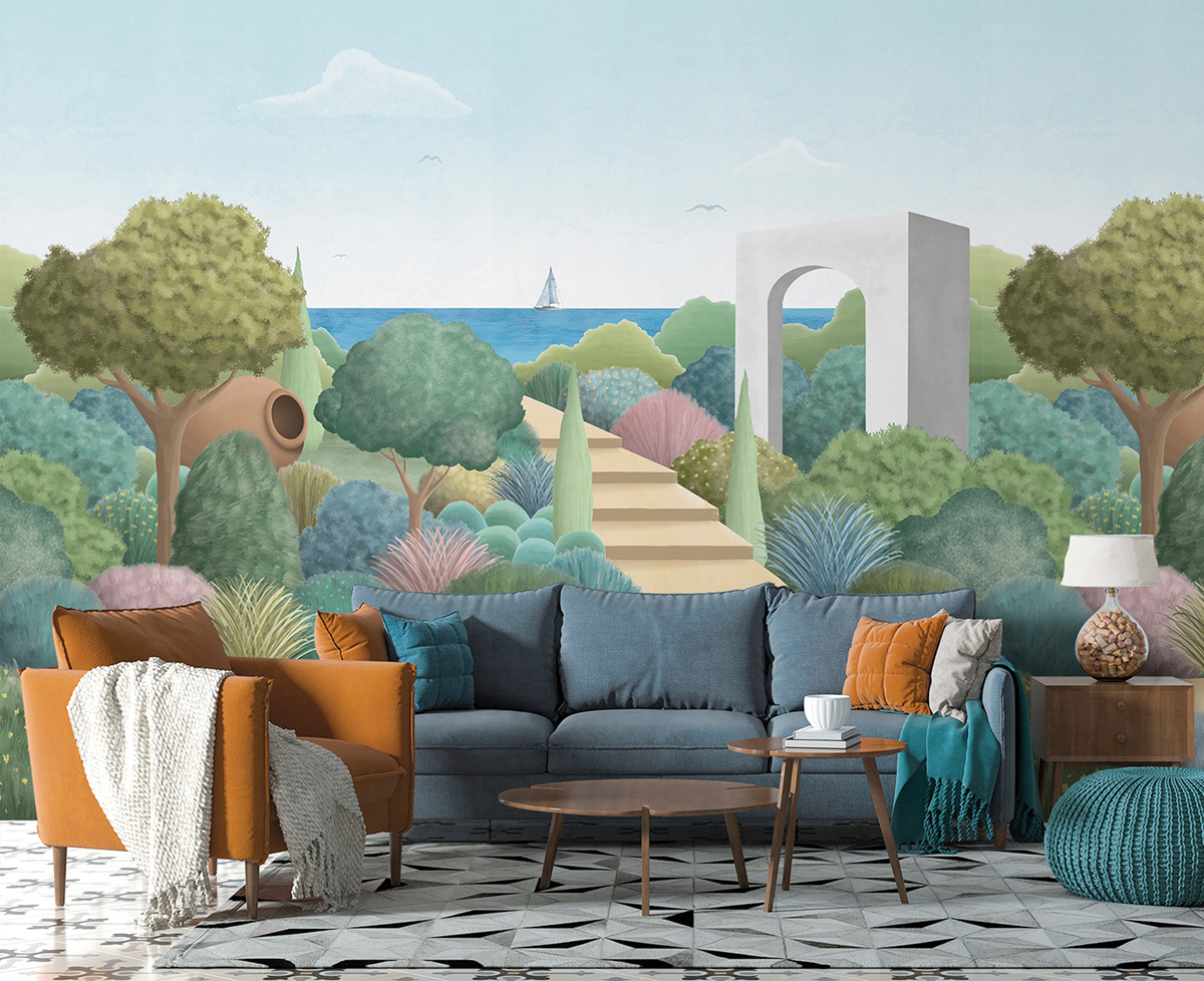 Papier peint panoramique Jardin Méditérranéen pastel - Panorama 2 de Lutèce | Réf. LTC-PAN1502C