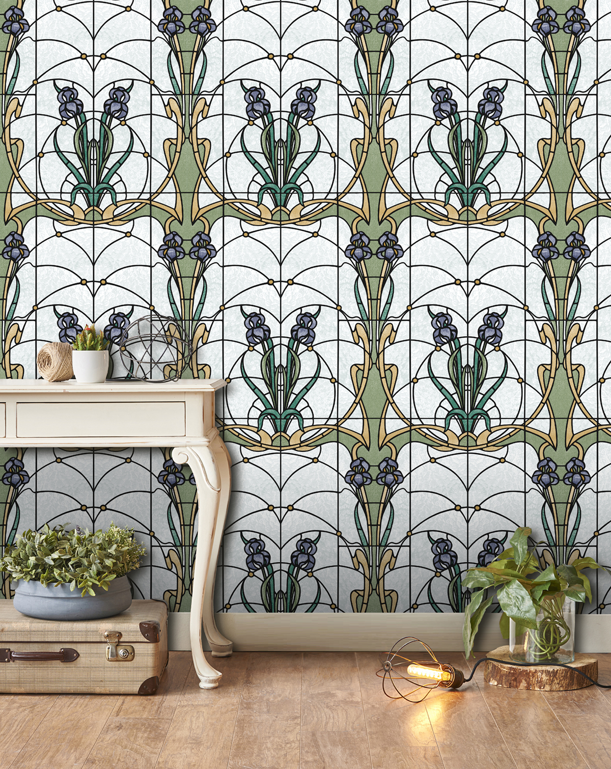 Papier Peint Vitrail Fleur mauve vert - Artifice d'Ugépa | Réf. UGP-M79306