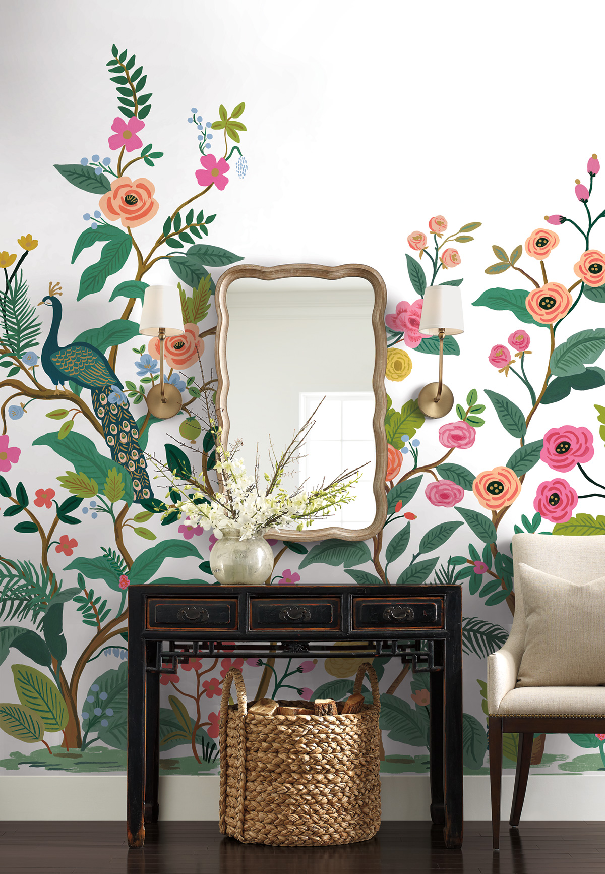 Papier peint panoramique Fleur Peacock multicouleurs blanc - Rifle Paper Co. 3 de York (Initiales) | Réf. INI-RP7397M