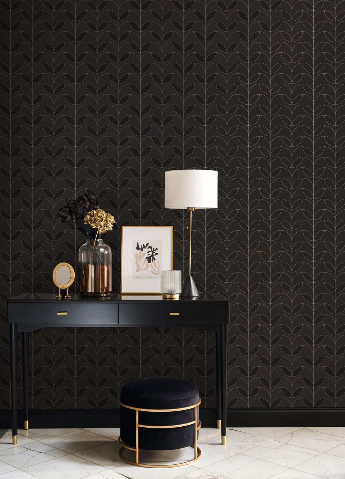 Papier peint Tulipe Art Déco Mistinguett anthracite doré - Années Folles de Casadéco | Réf. ANFO201029830