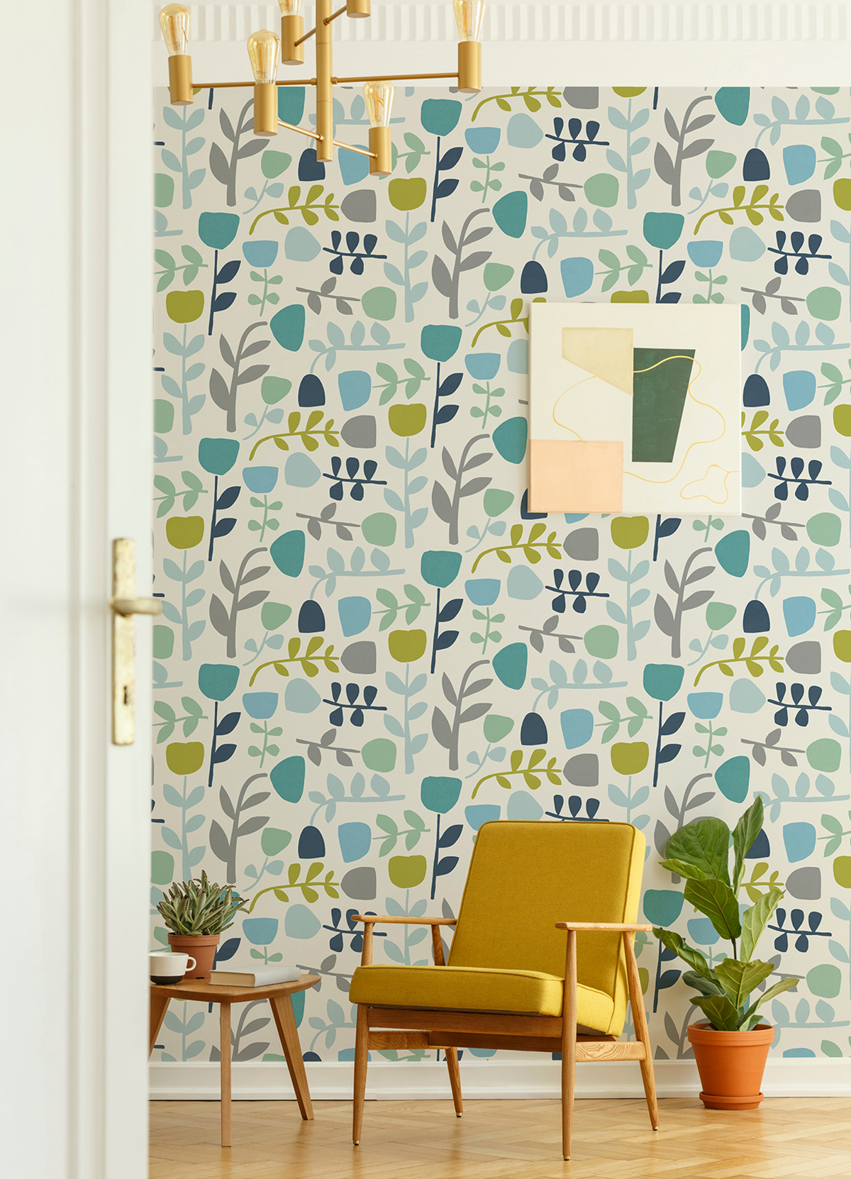 Papier peint Allover Floral Scandinave Juni bleu vert - Delicatesse de Lutèce | Réf. LTC-FD26536