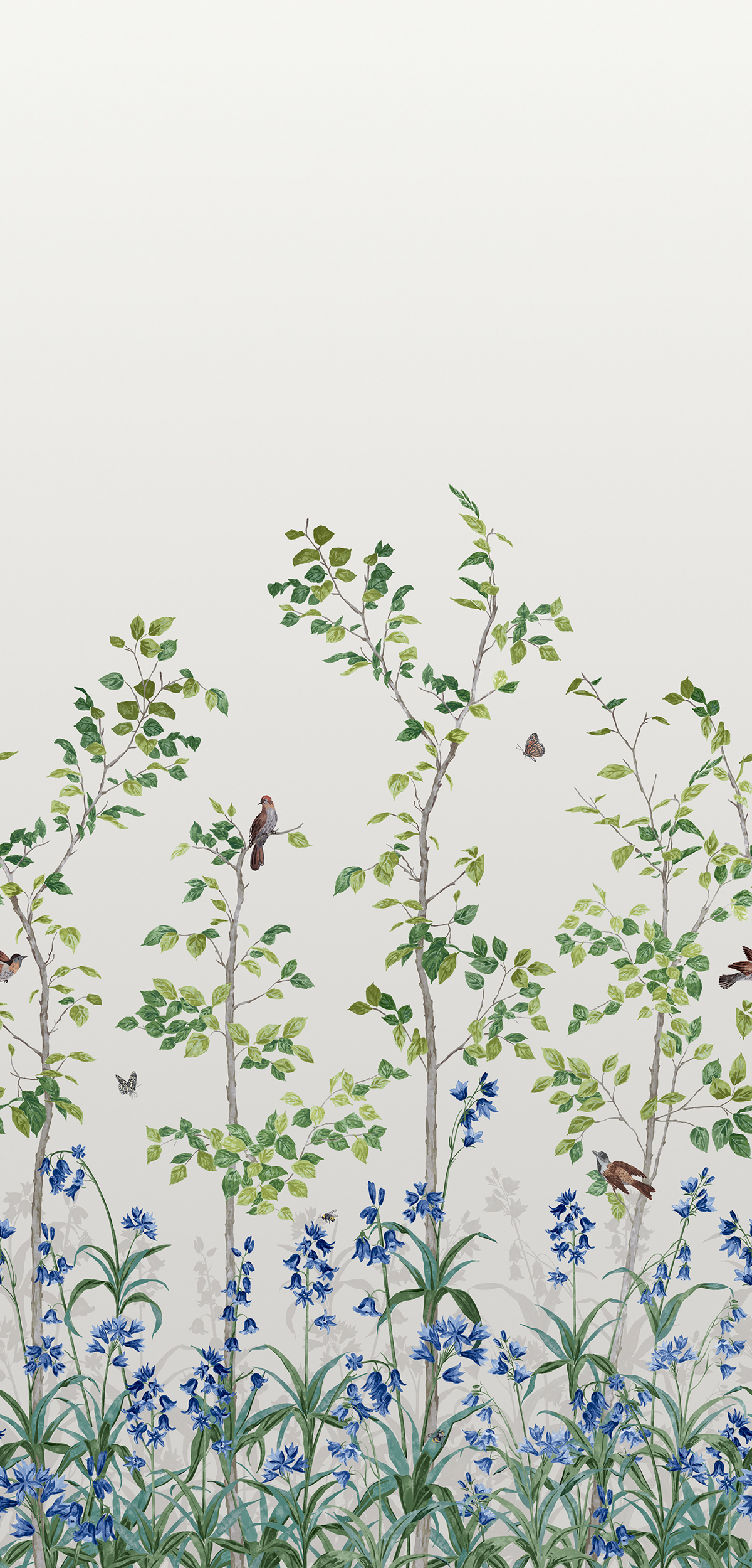 Papier peint panoramique Nature Bird & Bluebell Ceviche - National Trust Papers 3 de Little Greene | Réf. 0263BICEVIC