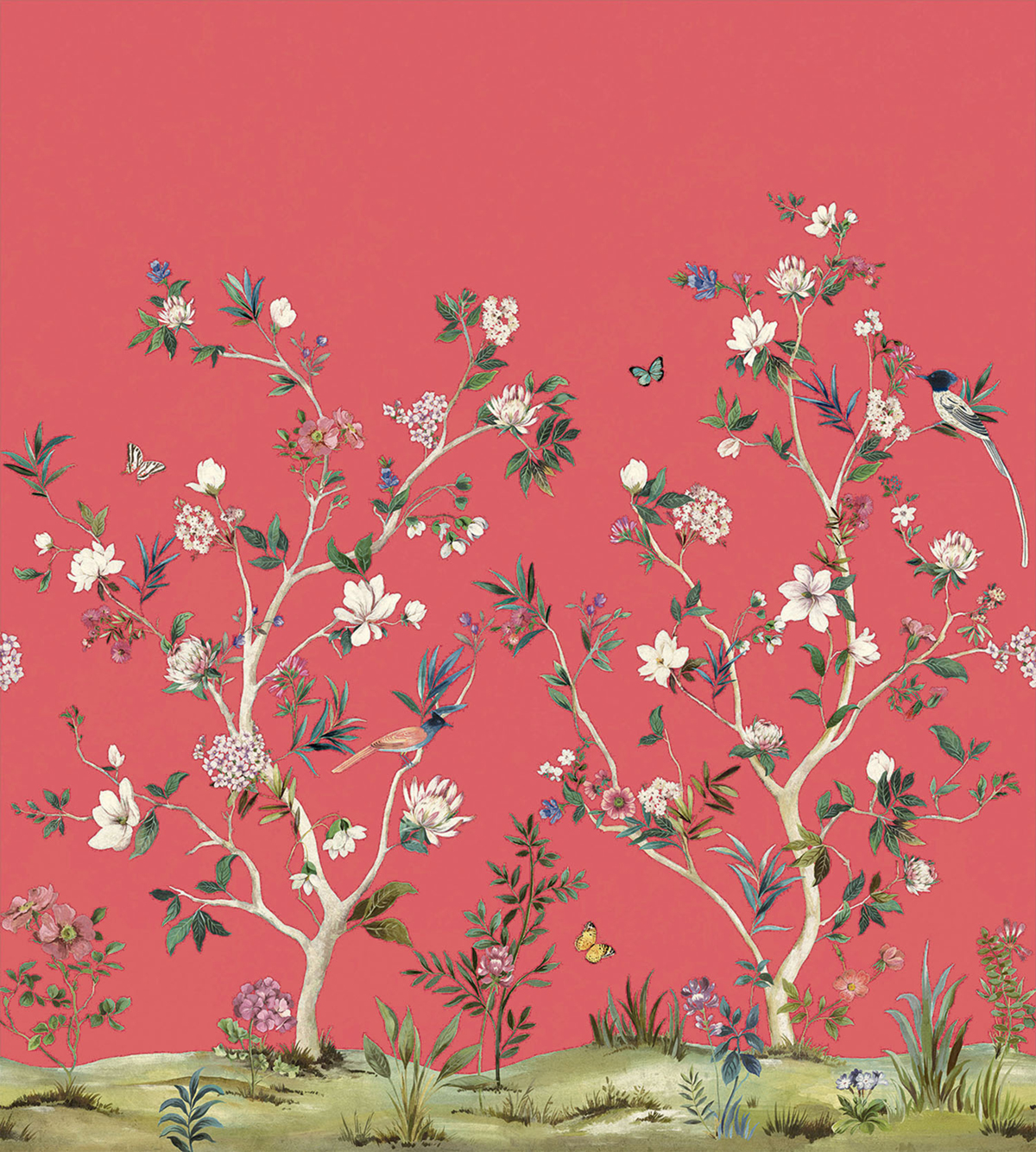 Papier peint panoramique Oiseaux Chinoiserie Magnolia rose fushia - Daisy Bennett d'Initiales | Réf. INI-DB30501M