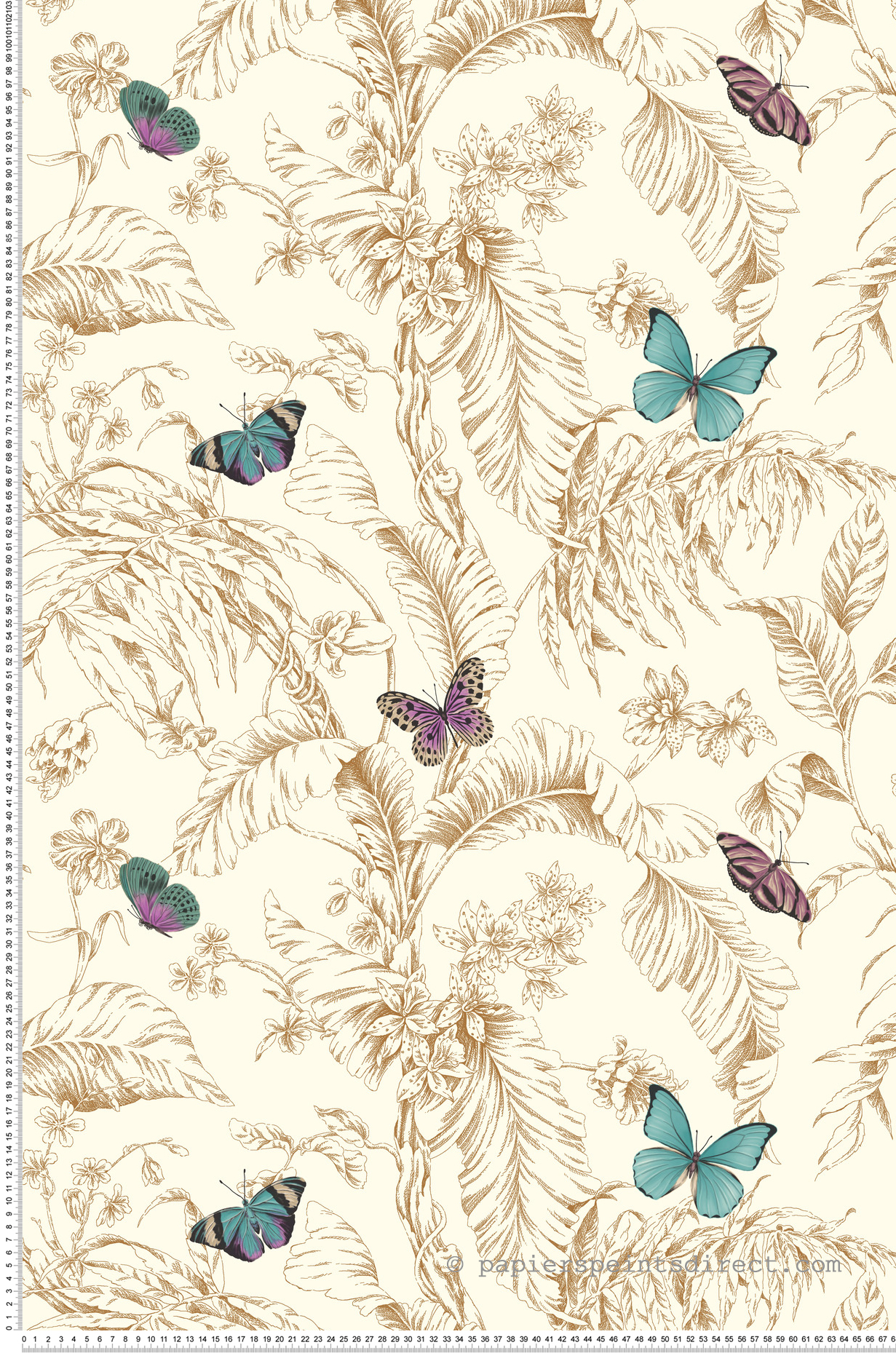 Papier peint Papillon Feuillage doré turquoise mauve - Toiles de York (Initiales) | Réf. INI-AF2028