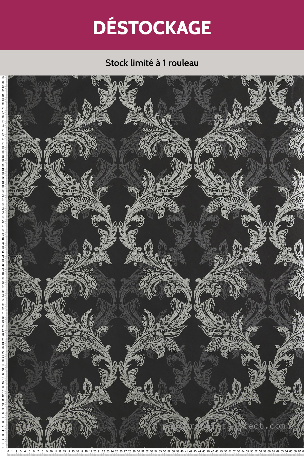 Papier peint Destockage - Damassé Baroque Argenté - Skyline