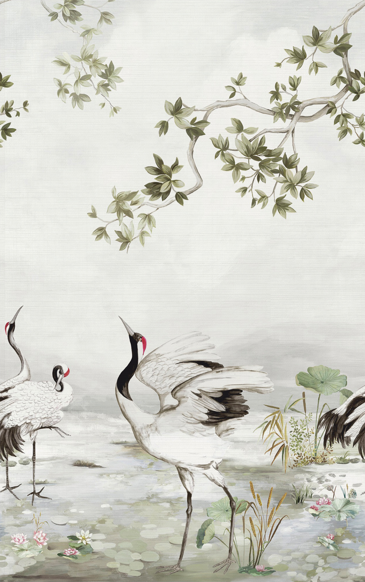 Papier peint panoramique Oiseau Grue Grasscloth argenté - Daisy Bennett d'Initiales | Réf. INI-DB31610M