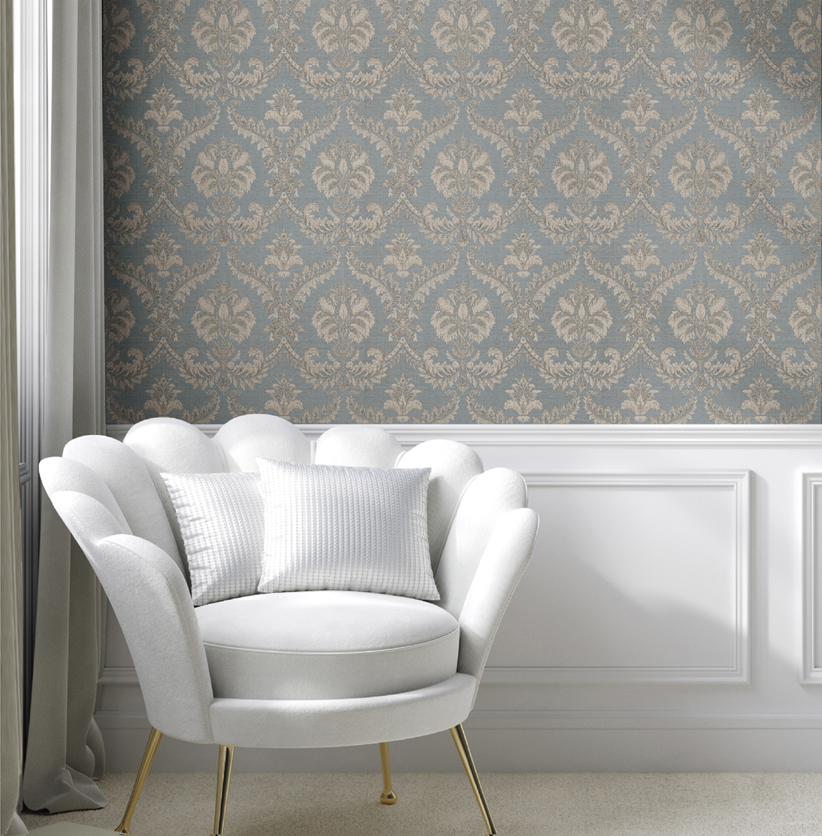 Papier peint Médaillon Baroque bleu céleste doré - Venise de Montecolino | Réf. MC-23606