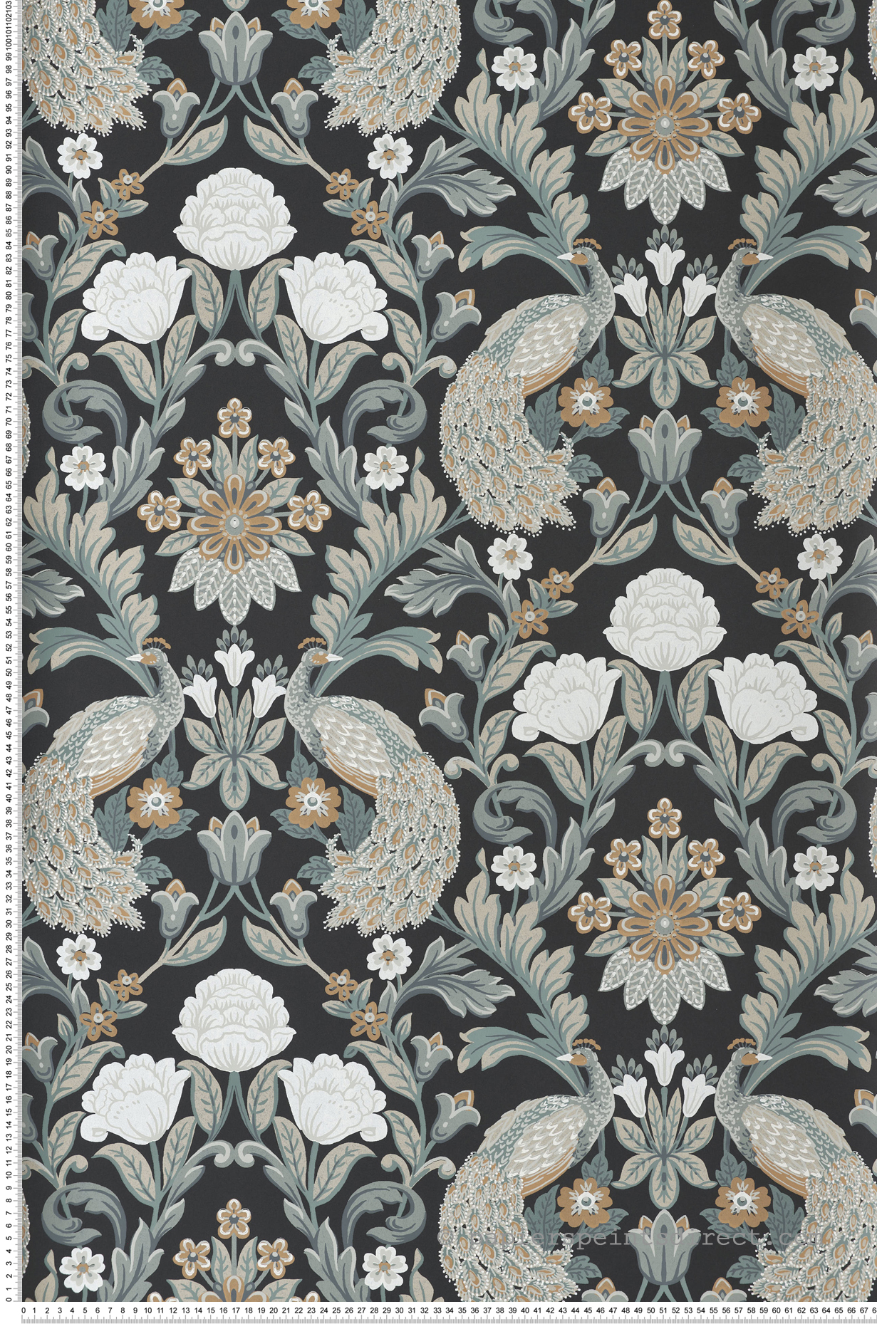 Papier peint Paon Floral Classique gris noir - Arts & Crafts d'Initiales | Réf. INI-AC9101