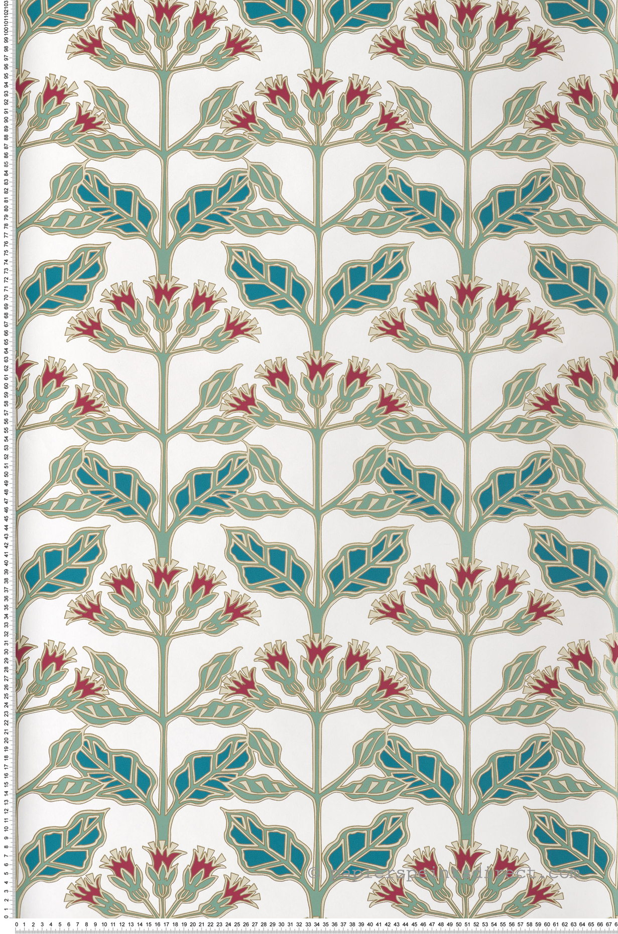 Papier peint Primevère Graphique rouge vert bleu - Arts & Crafts d'Initiales | Réf. INI-AC9111