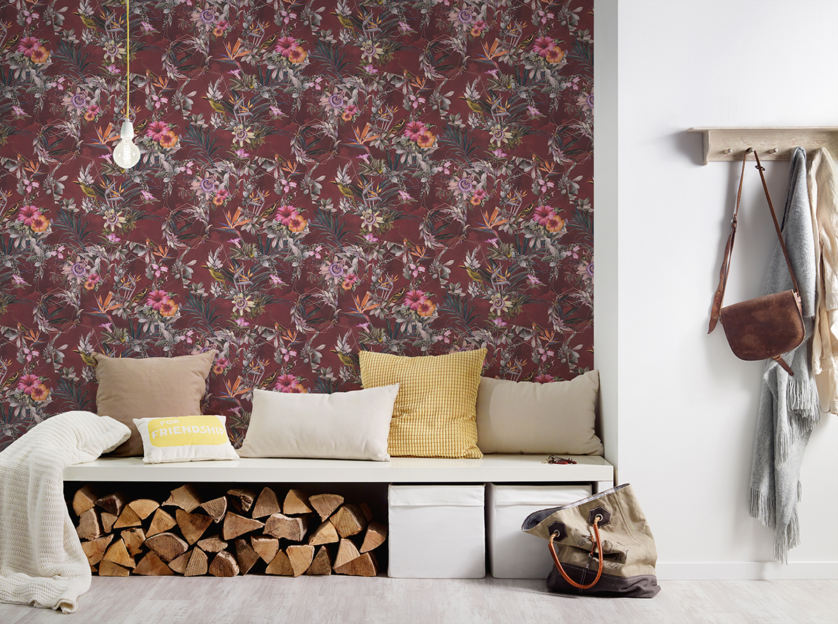 Papier peint Oiseau du Paradis bordeaux - Dream Flowery de Architects Paper | AMB Réf. 38178-5