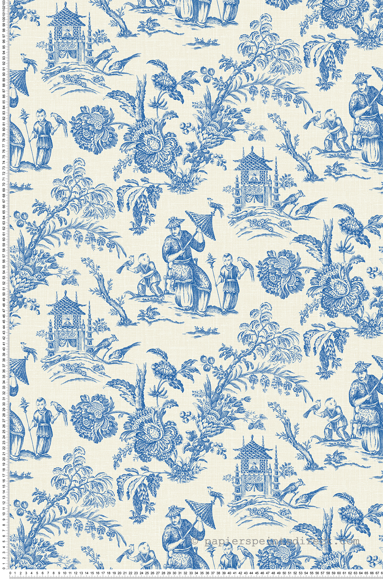 Papier peint Toile de Jouy Chinoiserie bleu écru - French Country d'Initiales | Réf. INI-FC61812