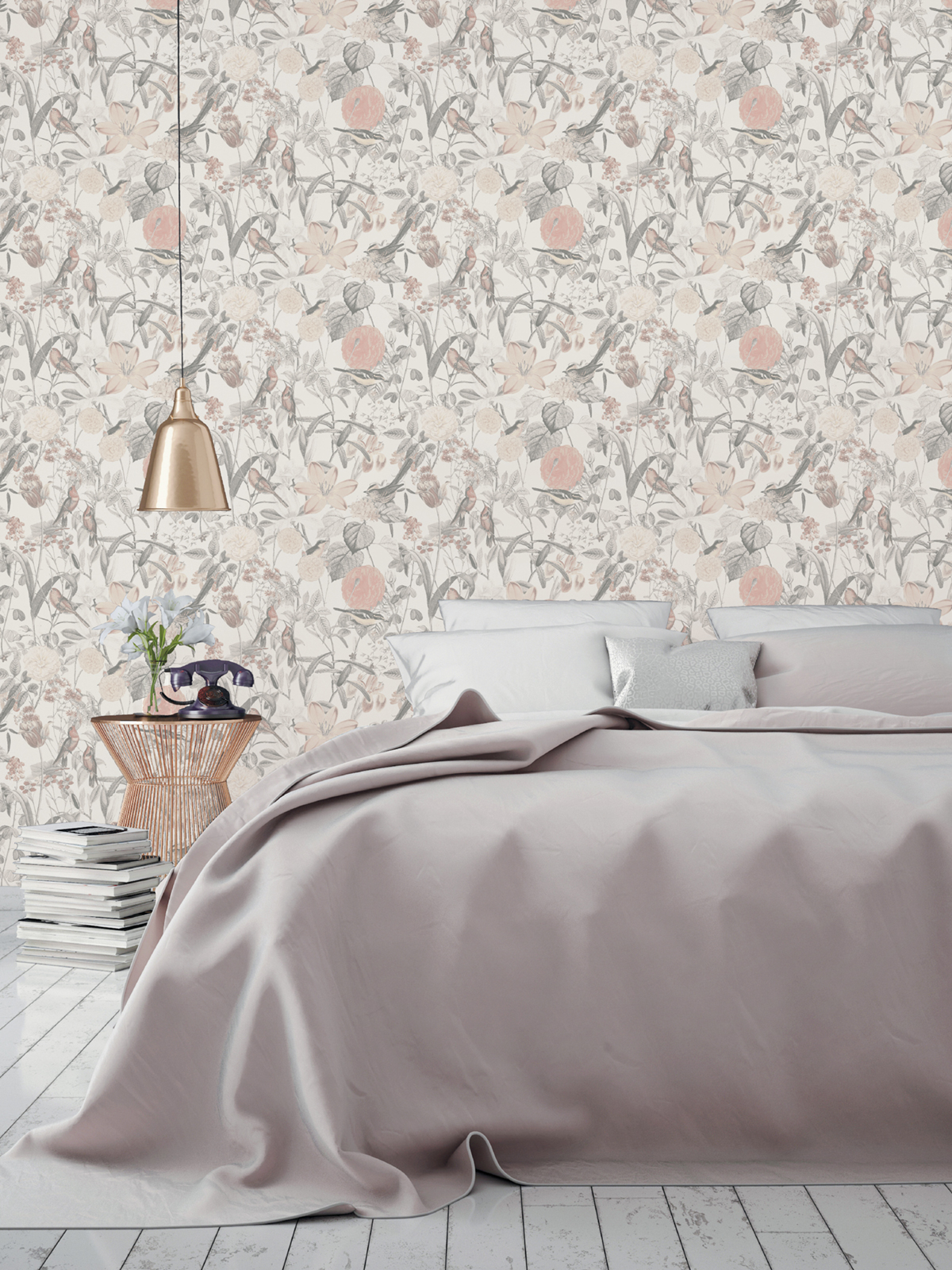 Papier peint Fleurs Oiseaux vintage rose pastel - Fragrance de Lutèce | Réf. LTC-51193606