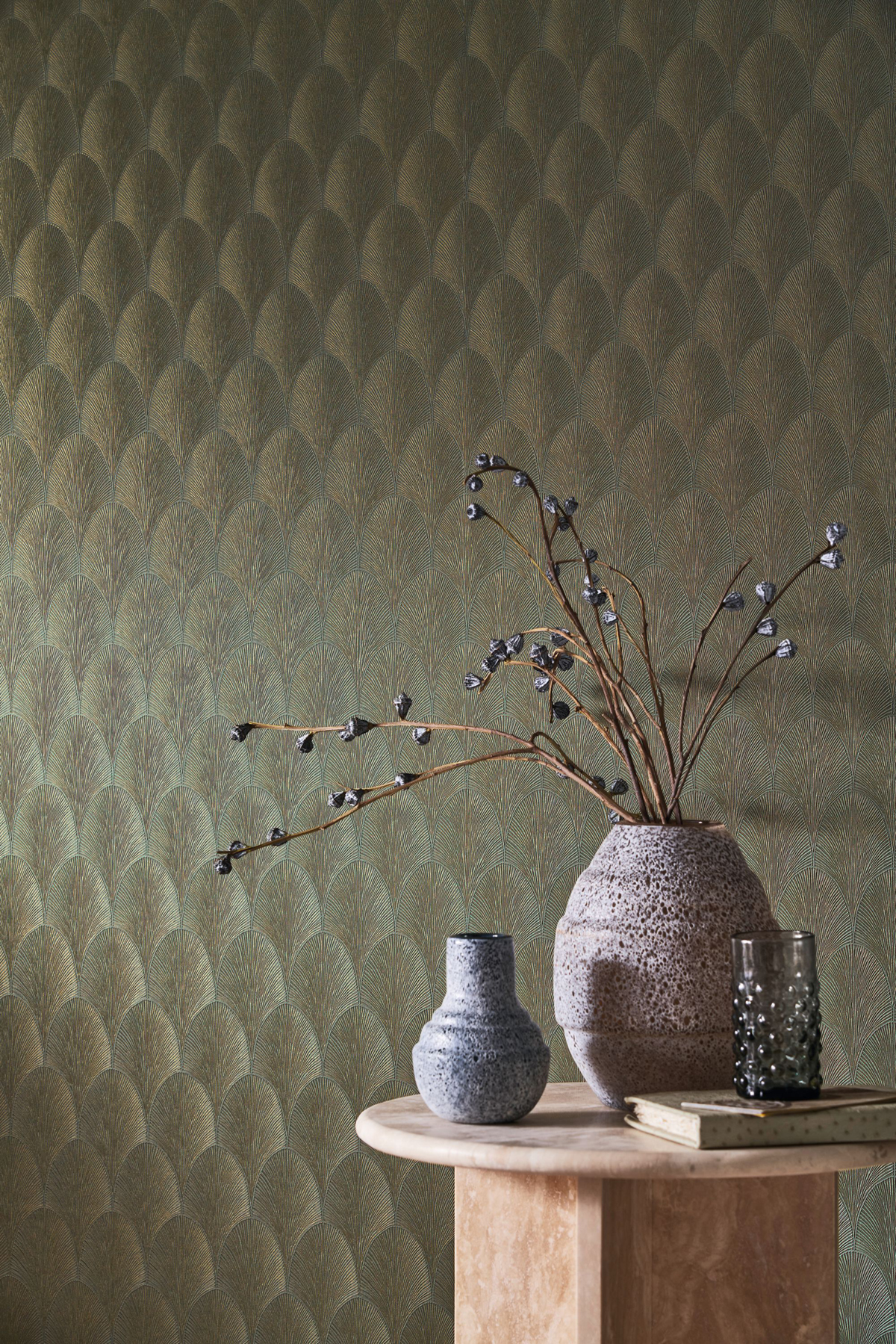 Papier peint Art Déco Tourmaline vert de gris doré - Métal de Casamance AMB2 | Réf. CAS-75781834