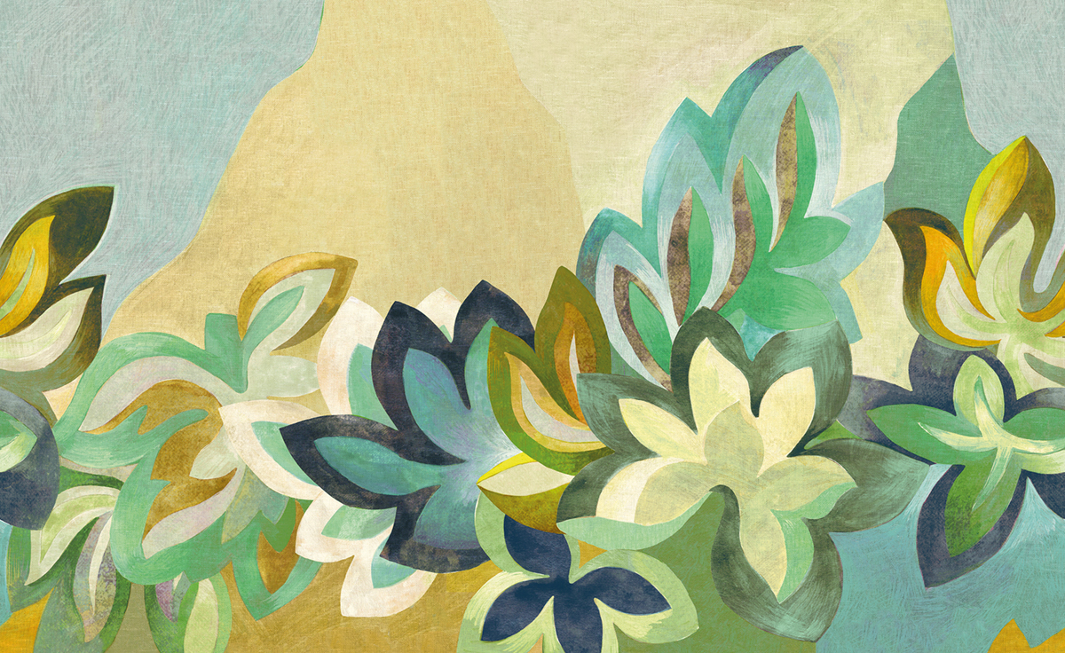 Papier peint panoramique Feuille Somerset vert bleu - A, B, C et D H260 - Rhapsody de Masureel | Réf. MAS-DGRHA201X-260