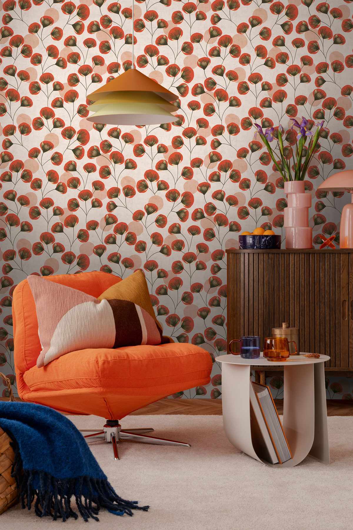 Papier peint Végétal Rétro Aster rouge corail - Nordic Feeling d'A.S. Création