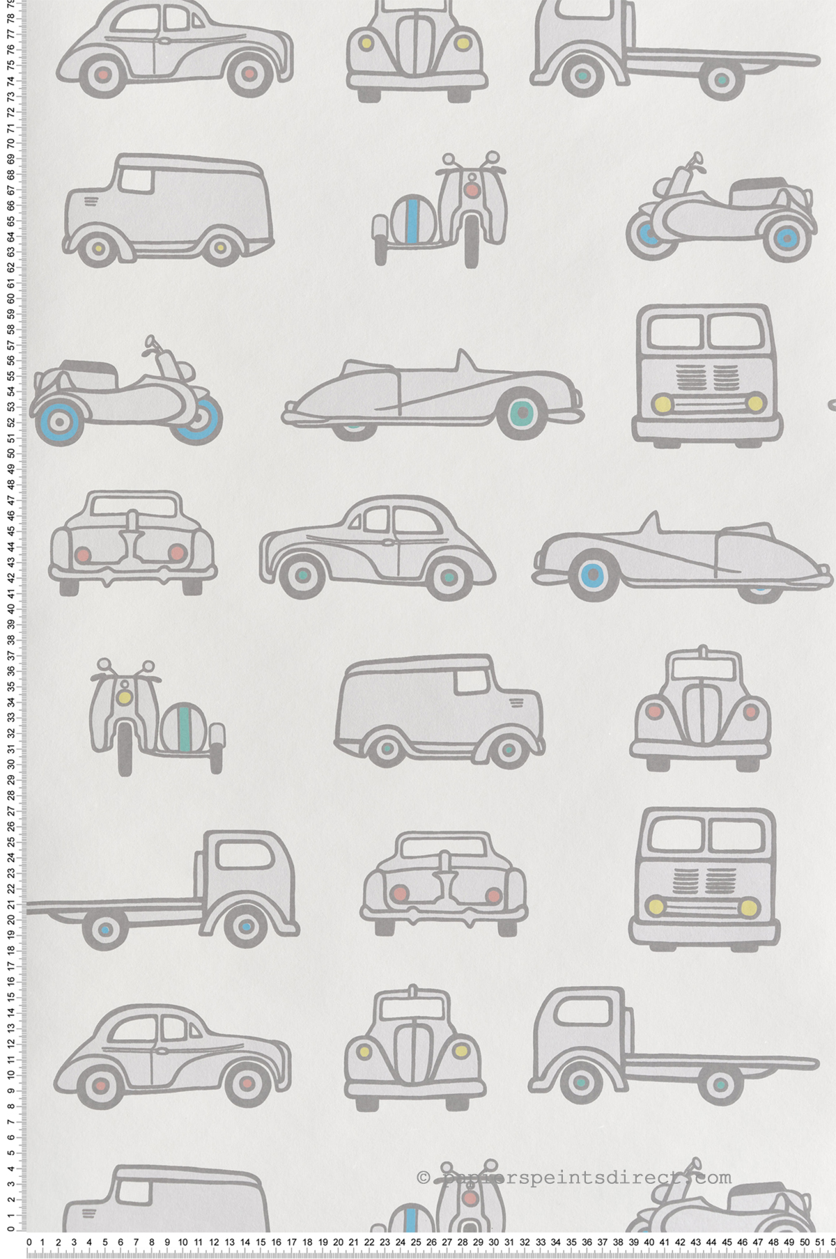 Papier peint Voiture Vintage Road Trip French Grey - Storybook Papers de Little Greene | Réf. 0231RTFRENC