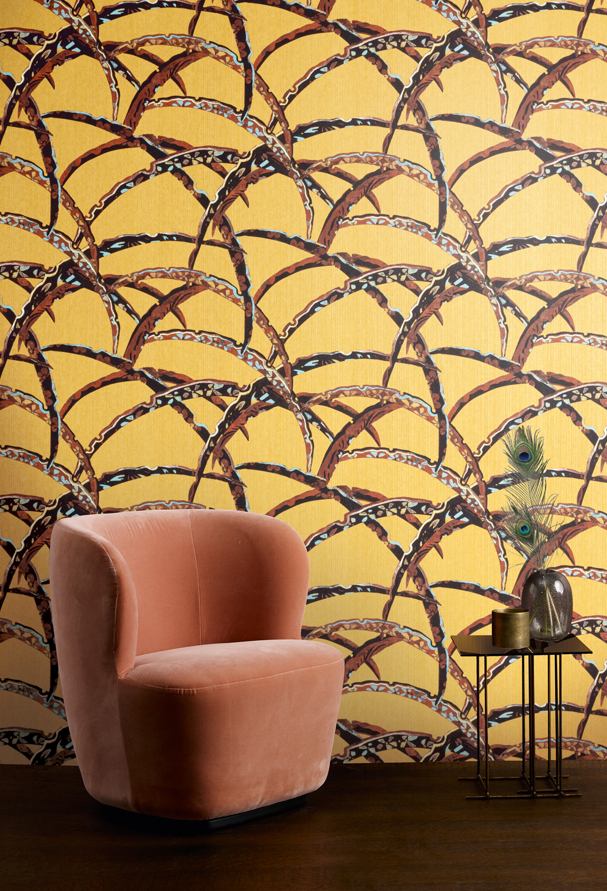 Papier peint Branche Kimono Daika moutarde - Kimono de Masureel | Réf. MAS-KIM502