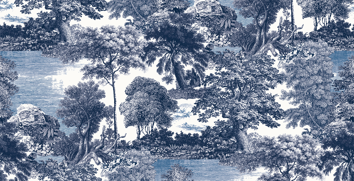 Papier peint panoramique Toile de Jouy Salcey bleu - A, B, C et D H260 - Amazone de Masureel | Réf. MAS-DGSAL102X-260