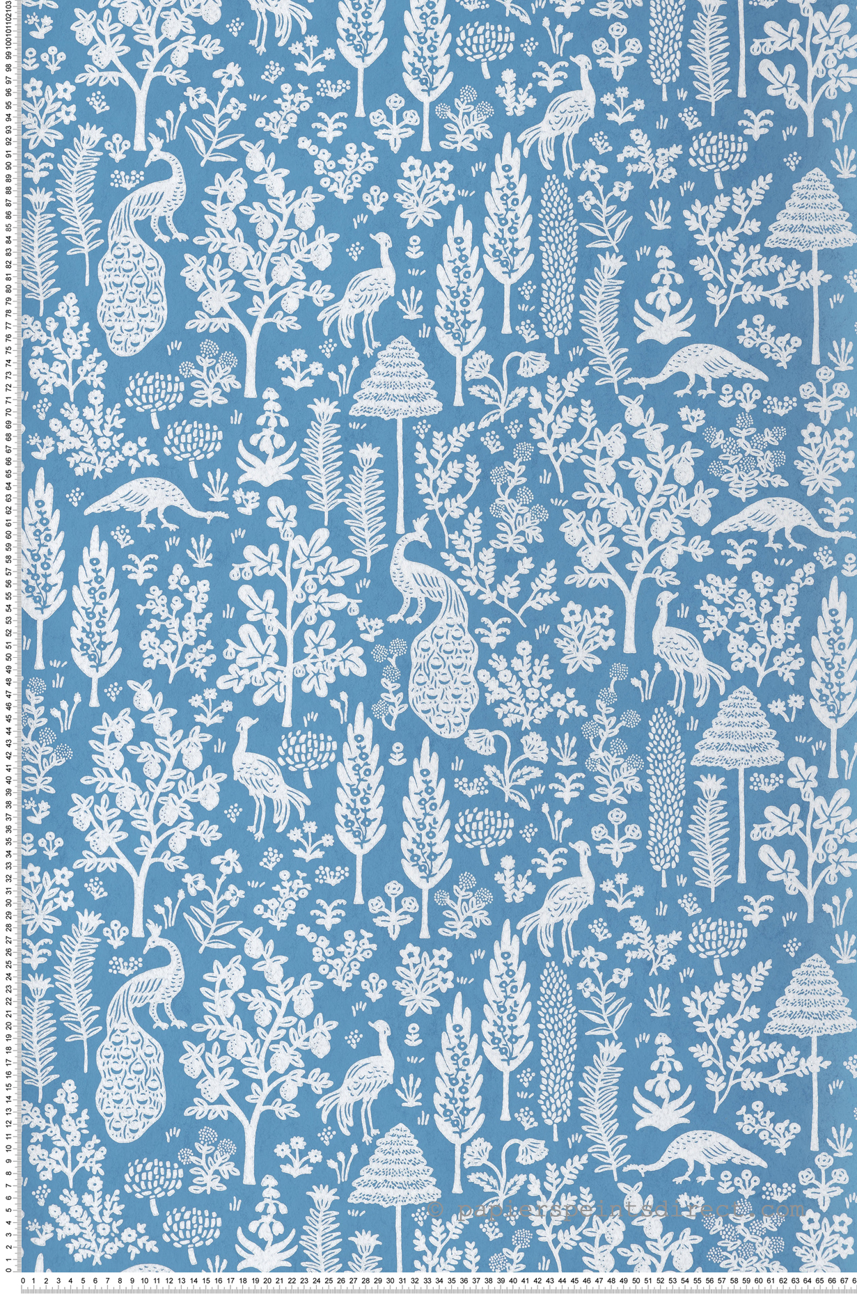 Papier peint Ménagerie Toile Paon bleu ciel blanc - Rifle Paper Co. 2 de York (Initiales) | Réf. INI-RP7370