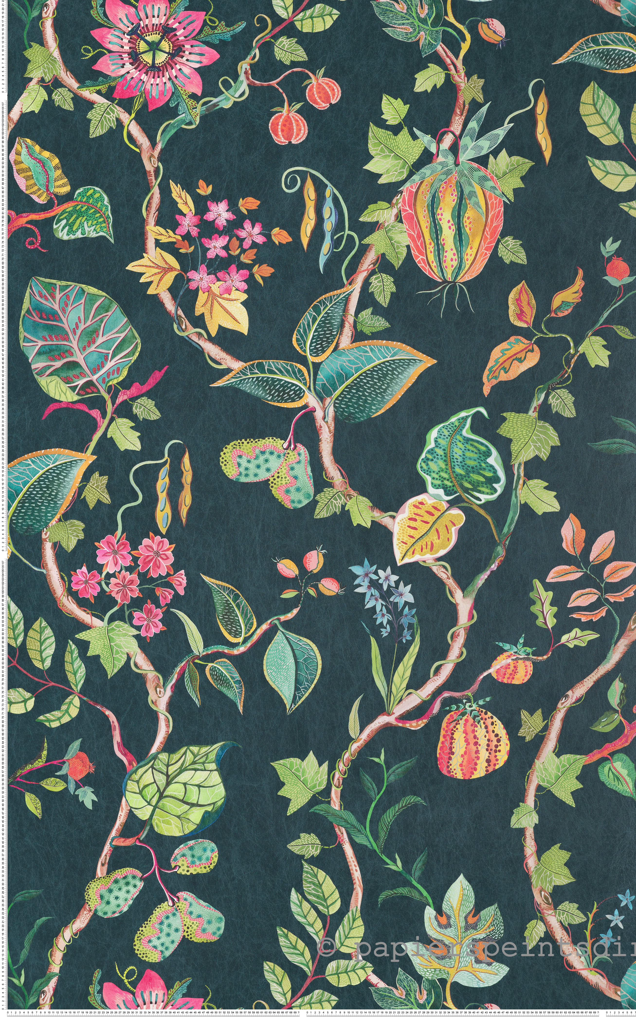 Papier peint Fruit Fleur Mythica bleu pétrole - Rhapsody d'Osborne & Little | Réf. OSB-W7816-01