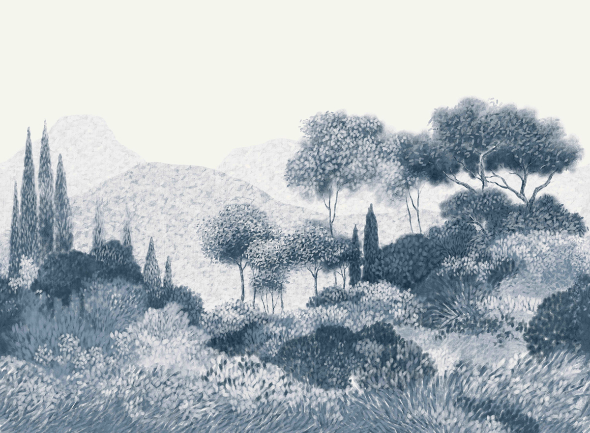 Papier peint panoramique Paysage Maquis Corse bleu marine - Panoramas 4 de Casamance | Réf. CAS-76761426