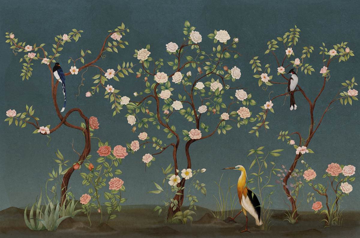 Papier peint panoramique Oiseau Classique Kaori bleu foncé - Panorama 2 de Lutèce | Réf. LTC-PAN1552C