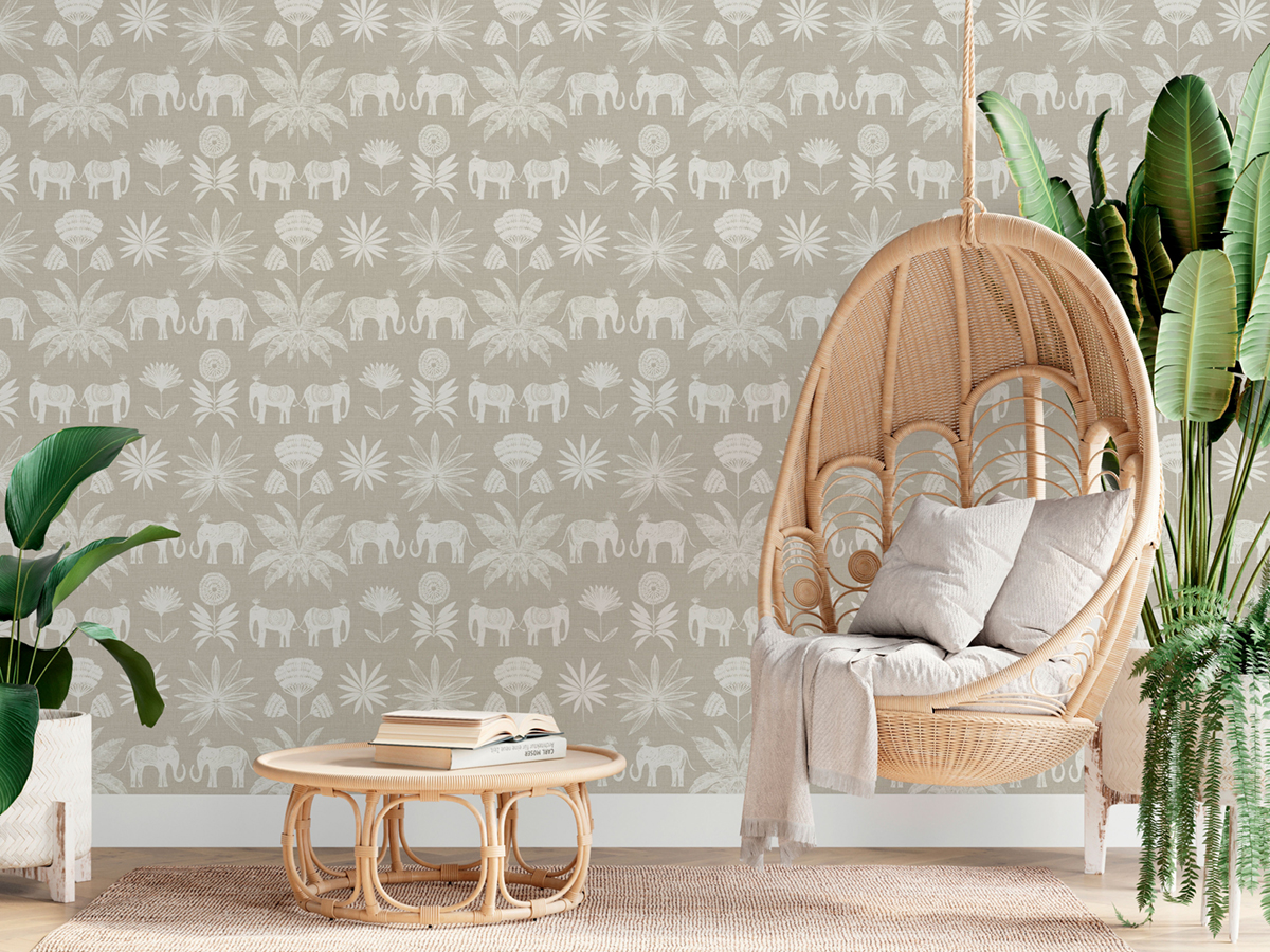 Papier peint Eléphant Indien et Fleur taupe clair - Happy de Lutèce | Réf. LTC-FD26433