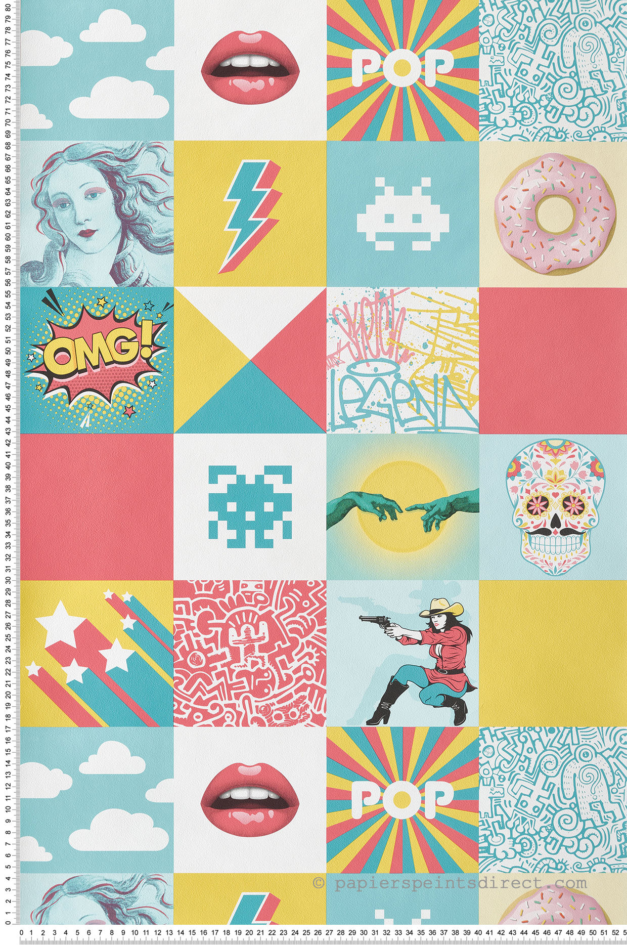 Papier peint Carrelage Pop jaune et rouge - La belle histoire d'Ugépa | Réf. UGP-M53210