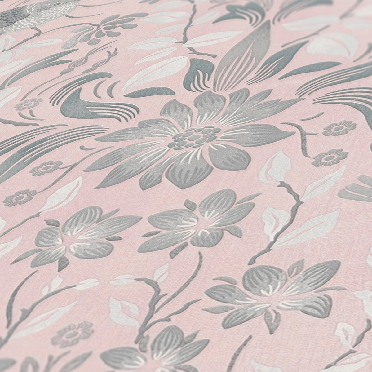 Papier peint Fleuri Oiseau Blooming rose gris - Maison Charme d'A.S. Création ZOOM | Réf. AS-390752