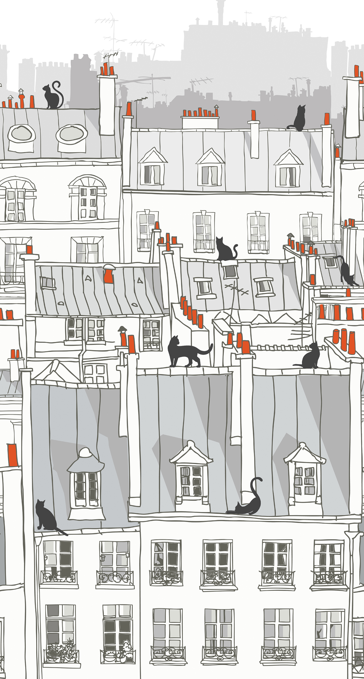 Papier peint Panoramique Chat Toit City Cats rouge gris - Les Aventures de Lutèce | Réf. LTC-51242310