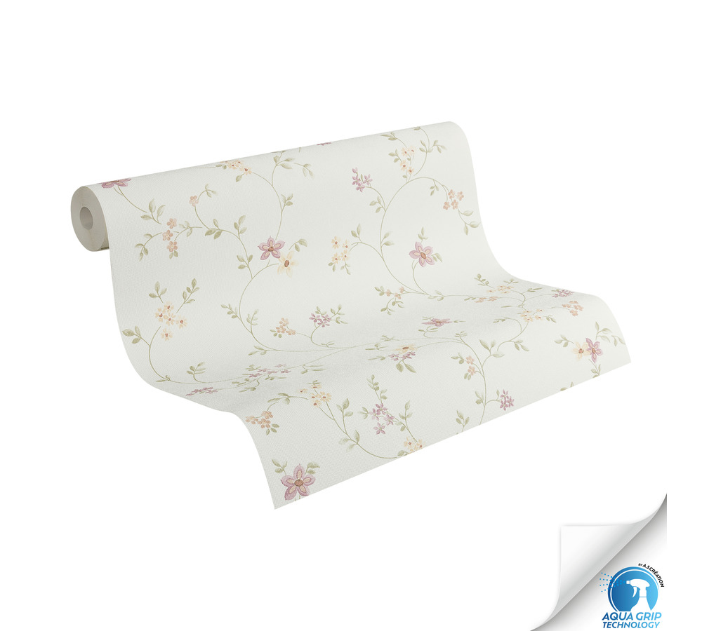 Papier peint préencollé Ramage Fleur Charme vert beige - Designdrop d'A.S. Création ROLL | Réf. AS-784551