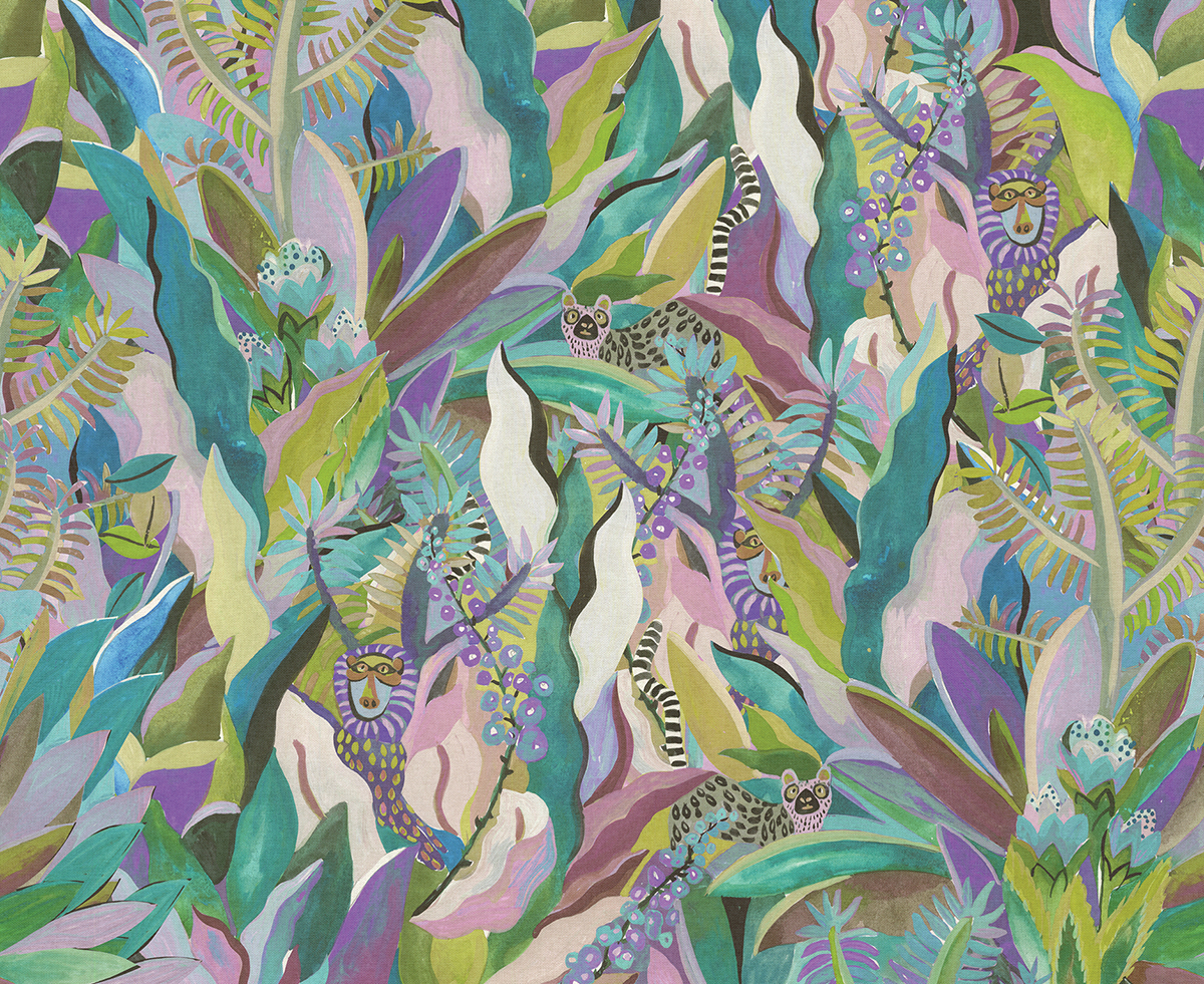 Papier peint panoramique Feuillage Animal bleu violet - A, B et C H260 - Wall Designs IV de Masureel | Réf. MAS-DG4ANI102X-260