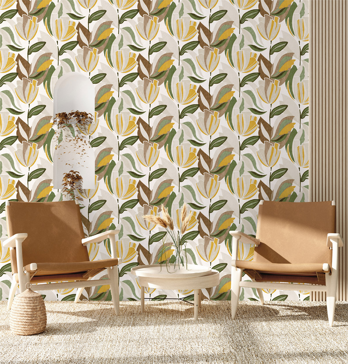 Papier peint Tulipe Printemps moutarde vert - Dolce Vita de Lutèce | Réf. LTC-11230702