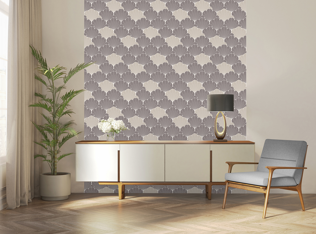 Papier Peint Ginkgo Art Déco gris taupe nacré - Elégance d'Ugépa | Réf. UGP-M64019
