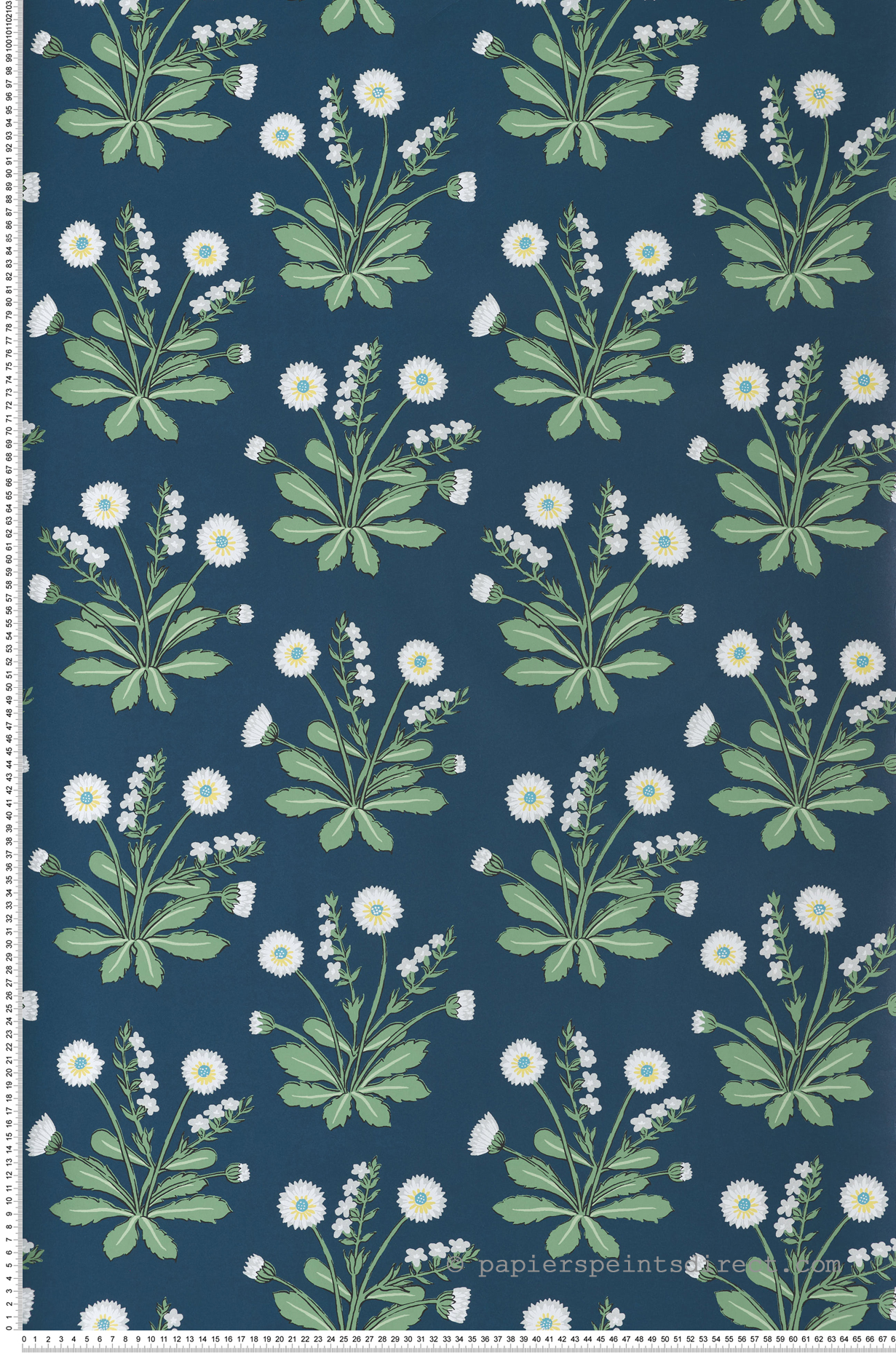 Papier peint Fleurs de Pré vert bleu marine - Arts & Crafts d'Initiales | Réf. INI-AC9151