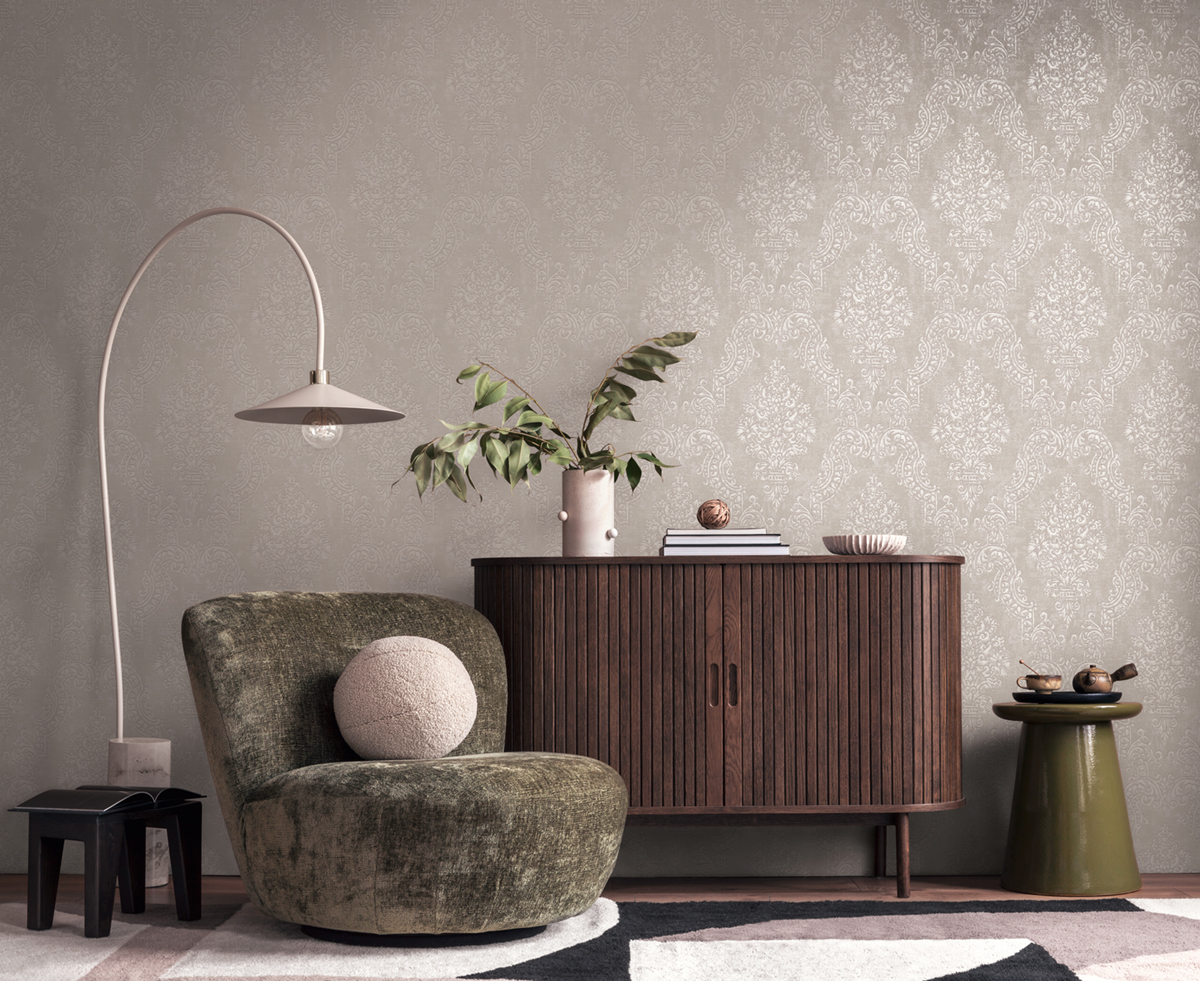 Papier peint Médaillon Baroque gris souris argenté - Pure Elegance d'A.S. Création AMB3 | Réf. AS-397656