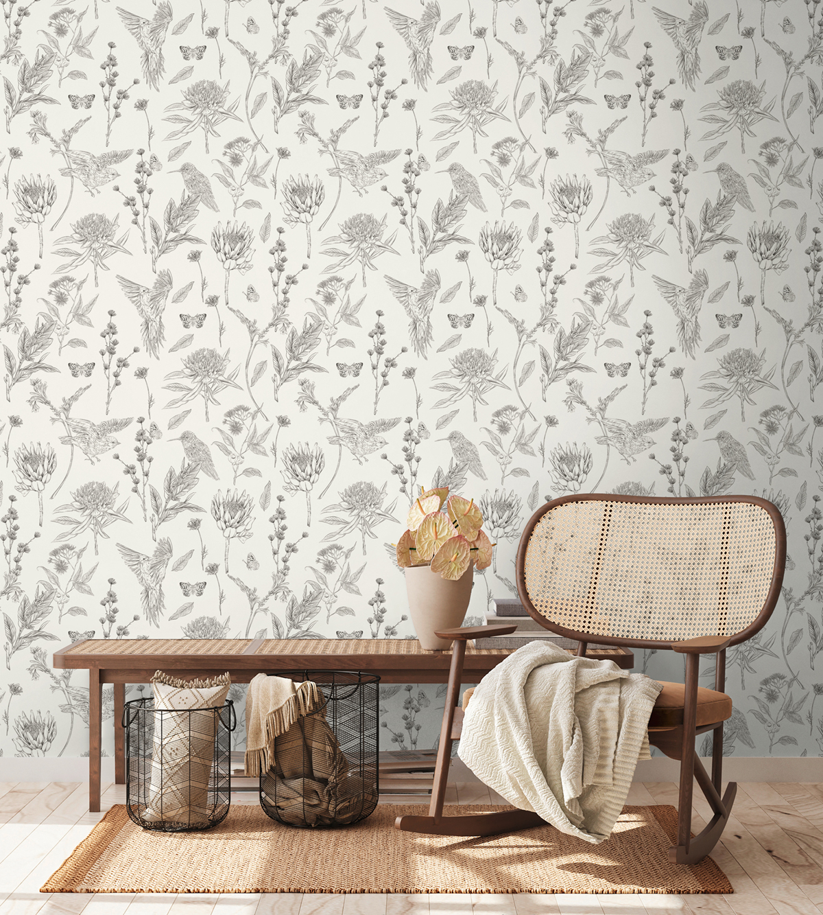 Papier peint Oiseau Nature Papillon noir blanc - Drawn Into Nature de Livingwalls AMB2| Réf. 39429-2