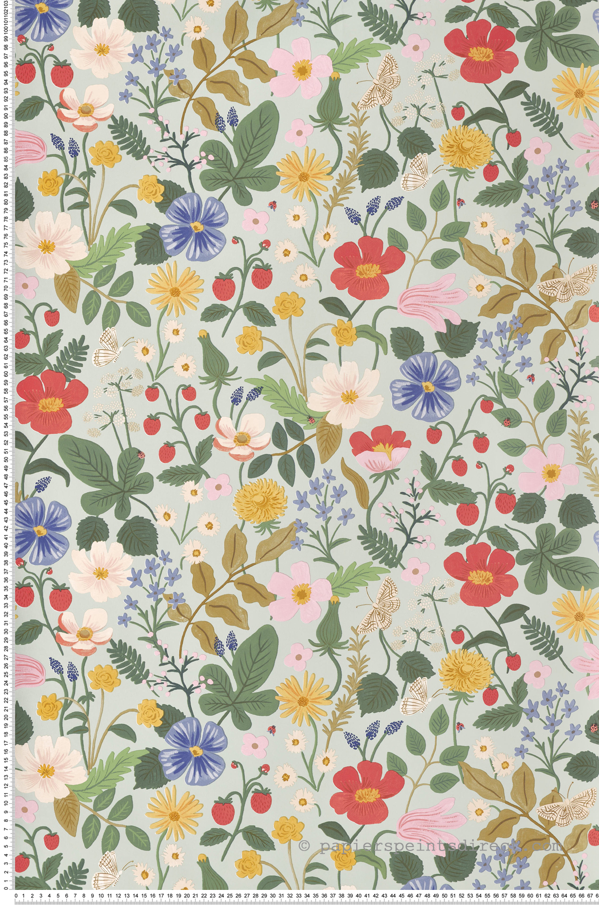 Papier peint Champs de Fraises Fleurs vert d'eau - Rifle Paper Co. 2 de York (Initiales) | Réf. INI-RP7356
