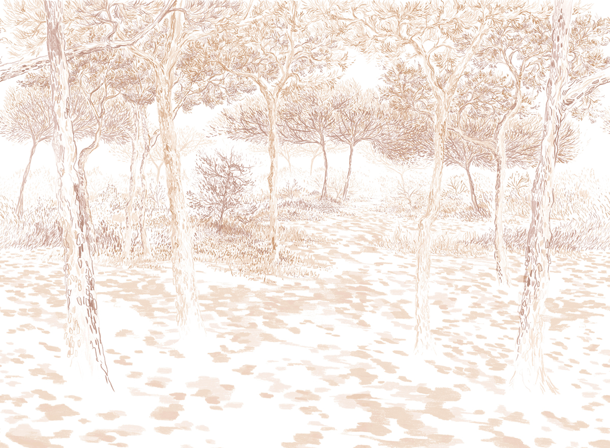 Papier peint panoramique Balade sous les pins Sépia A+B+C - 1/2/3/4/5/6/7/8/9 - Isidore Leroy